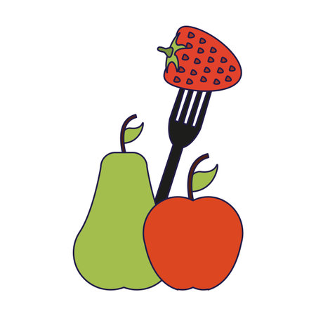 fruits pear and apple with strawberry on fork vector illustration graphic designのイラスト素材