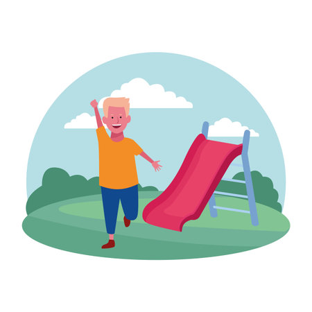 children at the playground with slide in round icon vector illustration graphic designのイラスト素材