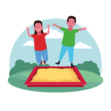 children at the playground with sandbox in round icon parkscape vector illustration graphic designのイラスト素材