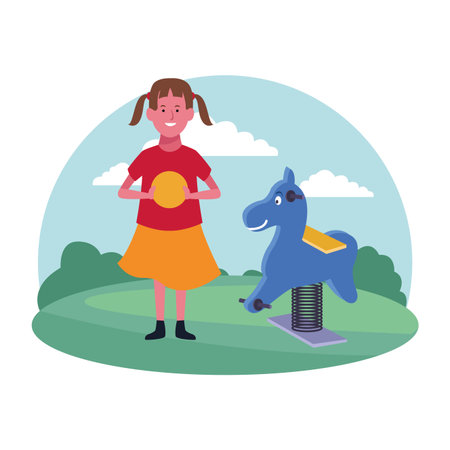 children at the playground with mechanic horse round icon parkscape vector illustration graphic designのイラスト素材