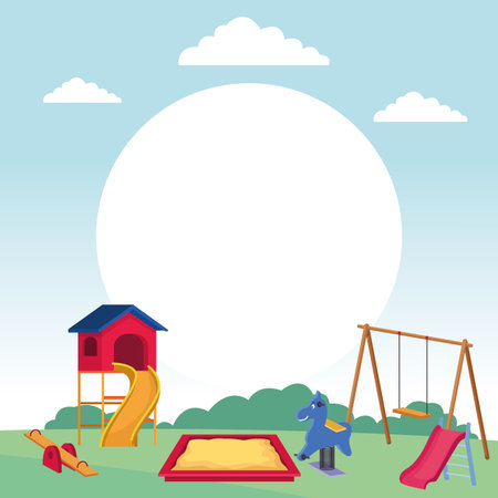 playground set of games with swing sandbox seesaw slide parkscape vector illustration graphic designのイラスト素材