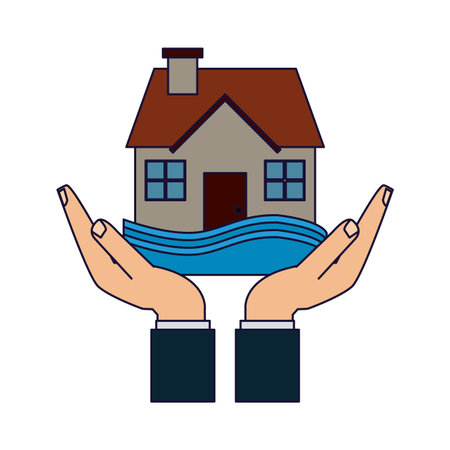 Real estate insurance hands holding flooded house vector illustration graphic designのイラスト素材