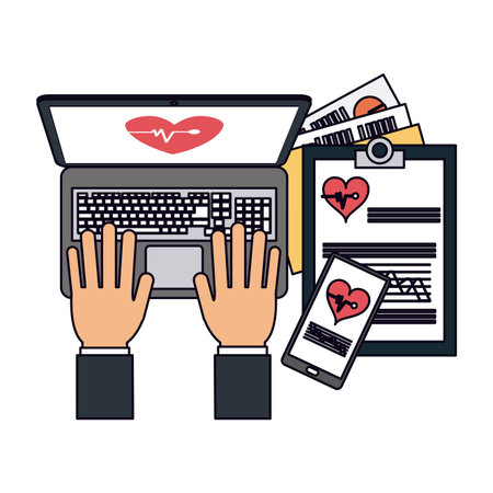 hands working on medical report and documents with laptop vector illustration graphic designのイラスト素材