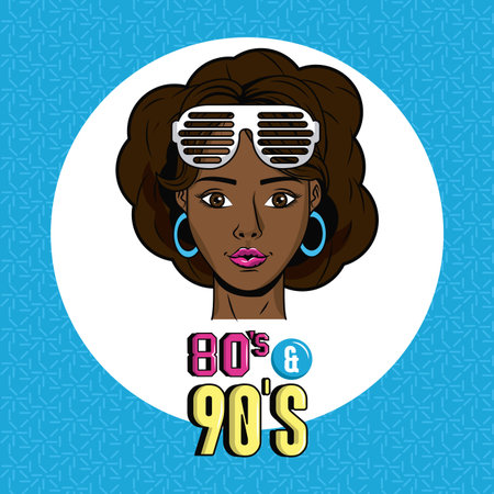 eighties and nineties style afroamerican women face round icon vector illustration graphic design