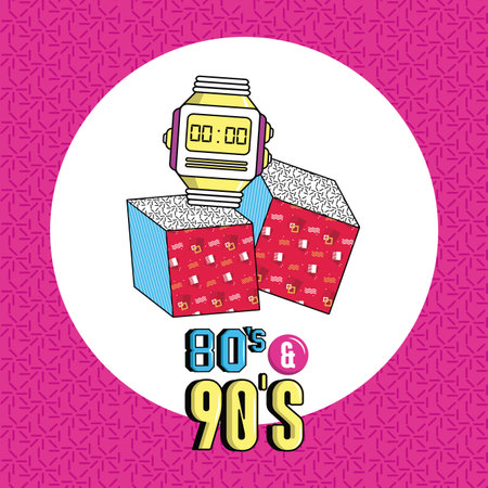 eighties and nineties style watch cubes round icon purple vector illustration graphic designのイラスト素材