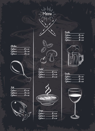 menu restaurant items chicken beers mushrooms soup fish wine vector illustration graphic designのイラスト素材