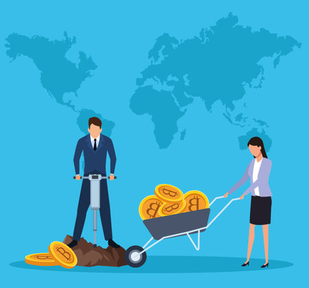 digital mining bitcoin couple with drill and wheelbarrow world map background vector illustration graphic designのイラスト素材