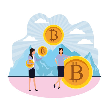 digital mining bitcoin businesswomen mountain landscape vector illustration graphic designのイラスト素材