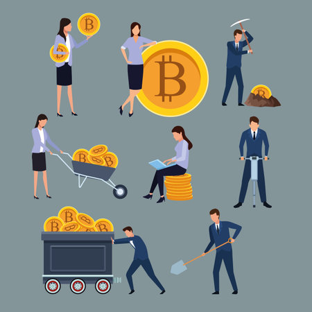 set of digital mining bitcoin man and woman pickaxe drill shovel mining cart wheelbarrow vector illustration graphic designのイラスト素材