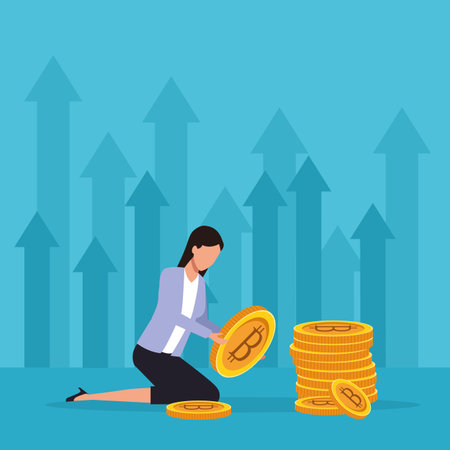 cryptocurrency businesswoman bitcoin with big coins vector illustration graphic designのイラスト素材
