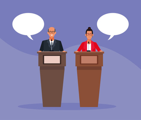 colleagues in conferences podium man and women speech colorful background vector illustration graphic designのイラスト素材
