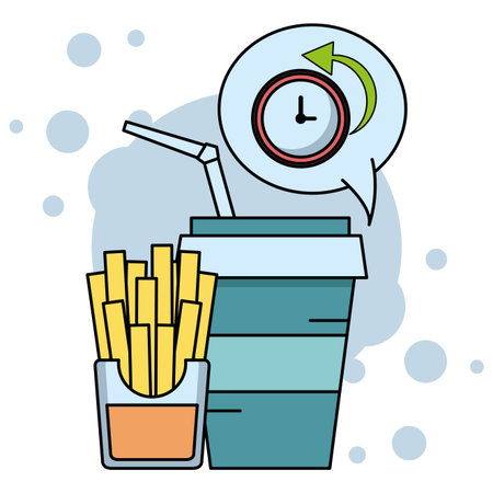 Fast food combo french fries and soda with timer in bubble over blue bubbles background vector illustration graphic designのイラスト素材