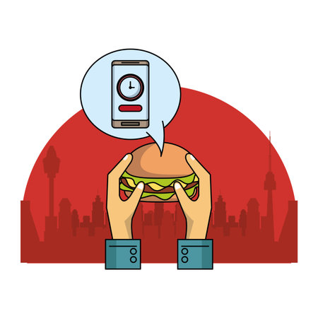 Online fast food order and delivery from smartphone over cityscape scenery vector illustration graphic designのイラスト素材