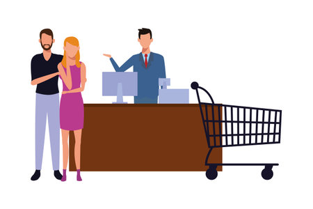 Couple with buying shopping cart on cash register vector illustration graphic designのイラスト素材