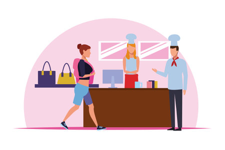 Chefs on restaurant cash register and woman walking with backpack inside mall building vector illustration graphic designのイラスト素材