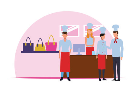Chefs teamwork talking on restaurant cash register inside mall building vector illustration graphic designのイラスト素材