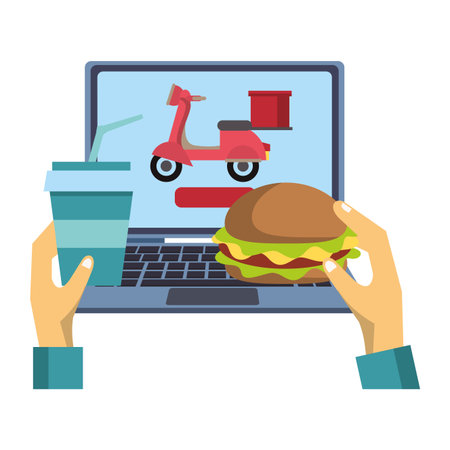 Online fast food order and delivery from computer vector illustration graphic designのイラスト素材