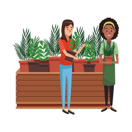 gardener and customers with plants in pots vector illustration graphic designのイラスト素材