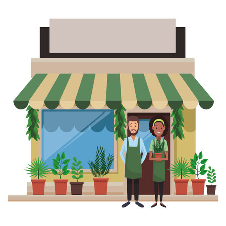 gardeners with plant pots on garden store vector illustration graphic designのイラスト素材