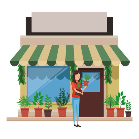 gardener with plant pots on garden store vector illustration graphic designのイラスト素材