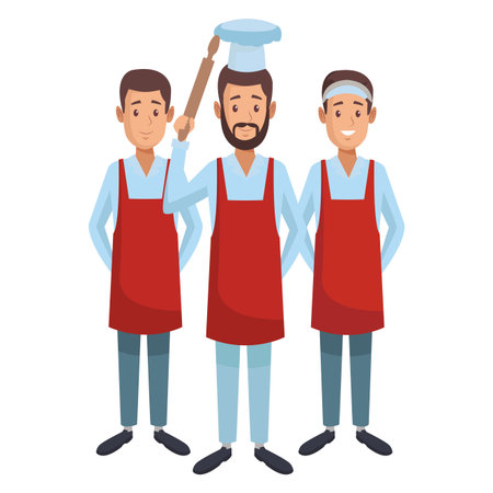 Chefs male teamwork with rolling pin and hat cartoons vector illustration graphic designのイラスト素材