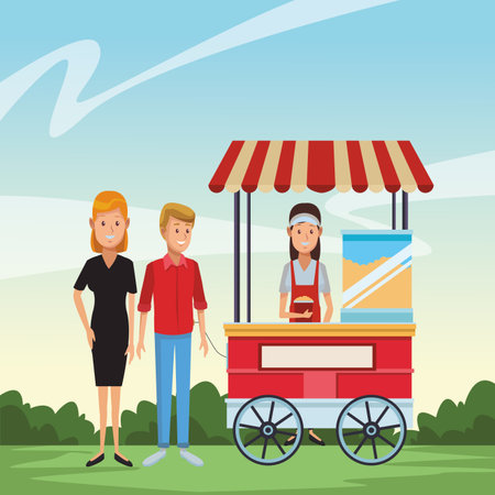 Pop corn booth and customers cartoon at park sunny day vector illustration graphic designのイラスト素材