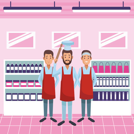 Chefs male teamwork with rolling pin and hat cartoons at supermarket vector illustration graphic designのイラスト素材