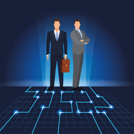 businessmen with digital landscape and briefcase with electronic floor vector illustration graphic designのイラスト素材