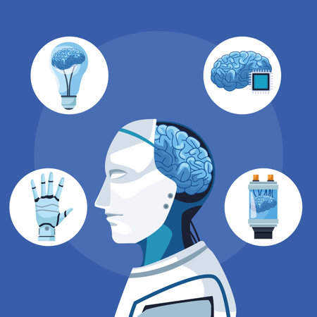 robot with artificial intelligence with brain and microchip vector illustration graphic designのイラスト素材