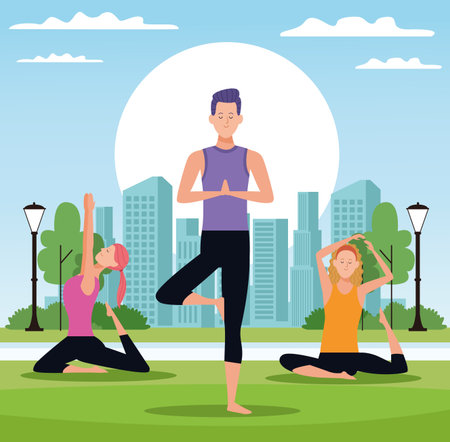 people doing yoga with the rising sun in the park with cityscape vector illustration graphic designのイラスト素材