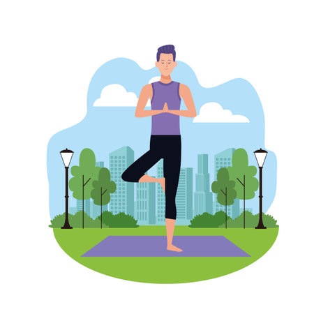 man yoga poses tree meditation hands posture in the park with cityscape vector illustration graphic designのイラスト素材