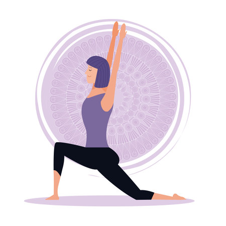 woman in yoga poses warrior posture with chakra symbol background vector illustration graphic designのイラスト素材