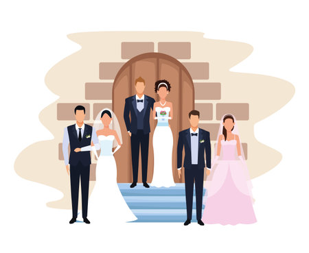 wedding couples in the door chapel with differents suits vector illustration graphic designのイラスト素材
