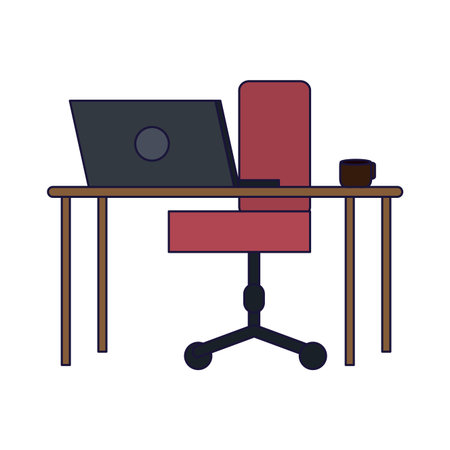 Computer on desk with chair and coffee vector illustration graphic designのイラスト素材