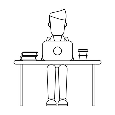 freelancer working with laptop and coffee on desk vector illustration graphic designのイラスト素材