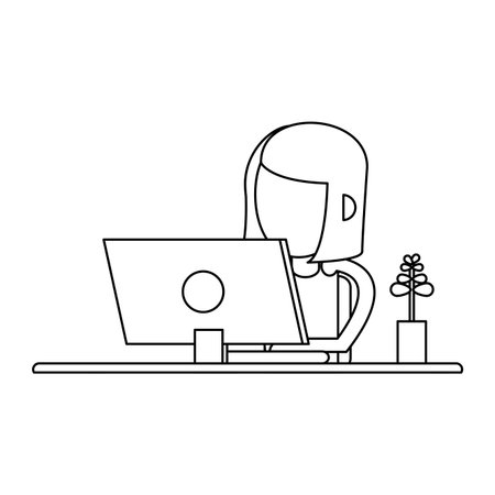 freelancer woman working with computer on desk vector illustration graphic designのイラスト素材