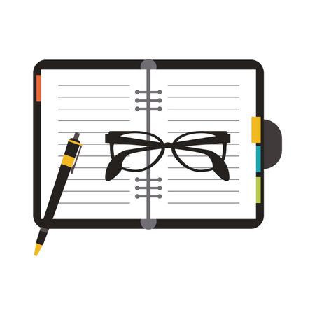 Business and office address book open with glasses and pen elements vector illustration graphic designのイラスト素材