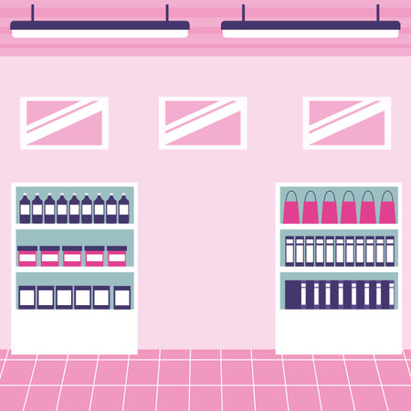 Empty supermarket interior wit shelfs and products vector illustration graphic designのイラスト素材