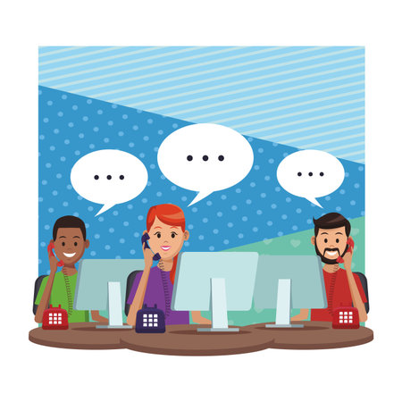 costumer services assistant group with headset and computers speech bubble vector illustration graphic designのイラスト素材