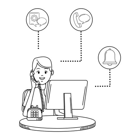 costumer support services woman with telephone and computer assistant tools bell drawing in white background vector illustration graphic designのイラスト素材