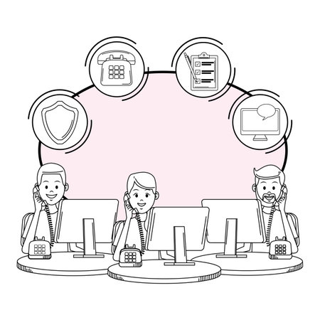 costumer support services group man and woman with telephone and computer assistant tools drawing in white background vector illustration graphic designのイラスト素材