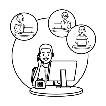 costumer support services man with telephone and computer assistant headset round icon drawing in white background vector illustration graphic designのイラスト素材