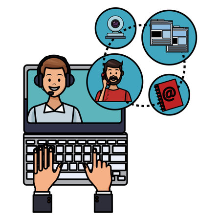 computer assistance icon with assistant headset and tools camera documents address book colorful in white background vector illustration graphic designのイラスト素材