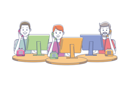 costumer support services group man and woman with telephone and computer vector illustration graphic designのイラスト素材