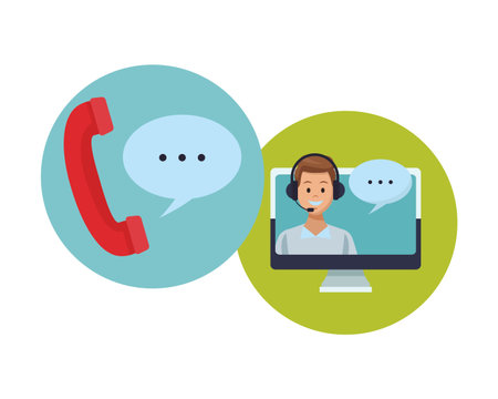 auricular and computer assistance with speech bubble round icon colorful in white background vector illustration graphic designのイラスト素材