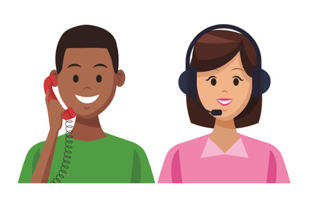 costumer support services afroamerican with telephone and assistant colorful in white background vector illustration graphic designのイラスト素材