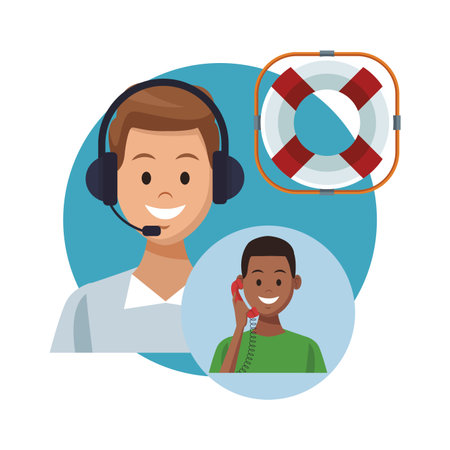 assistance costumer service with headphone and client with telephone round icon lifebouy colorful in white background vector illustration graphic designのイラスト素材