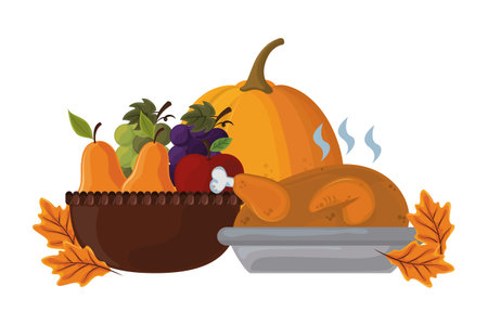 thanksgiving day dinner with roasted turkey pumpkin and fruit vector illustration graphic designのイラスト素材