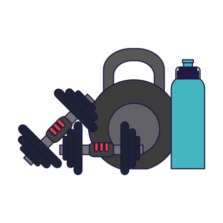 Gym and fitness dumbbells and kettlebell with bottle elements vector illustration graphic designのイラスト素材