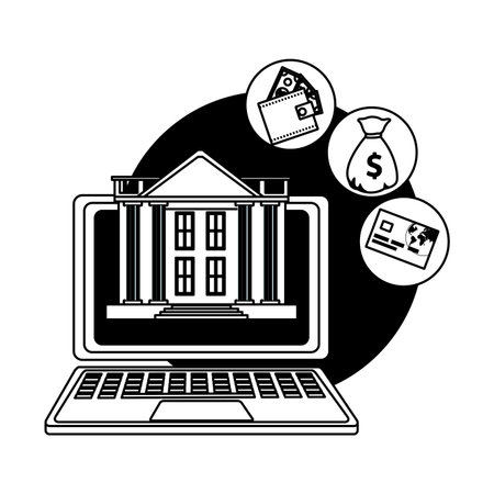 laptop financial icon with bank building wallet money bag bank card drawing in white background vector illustration graphic designのイラスト素材